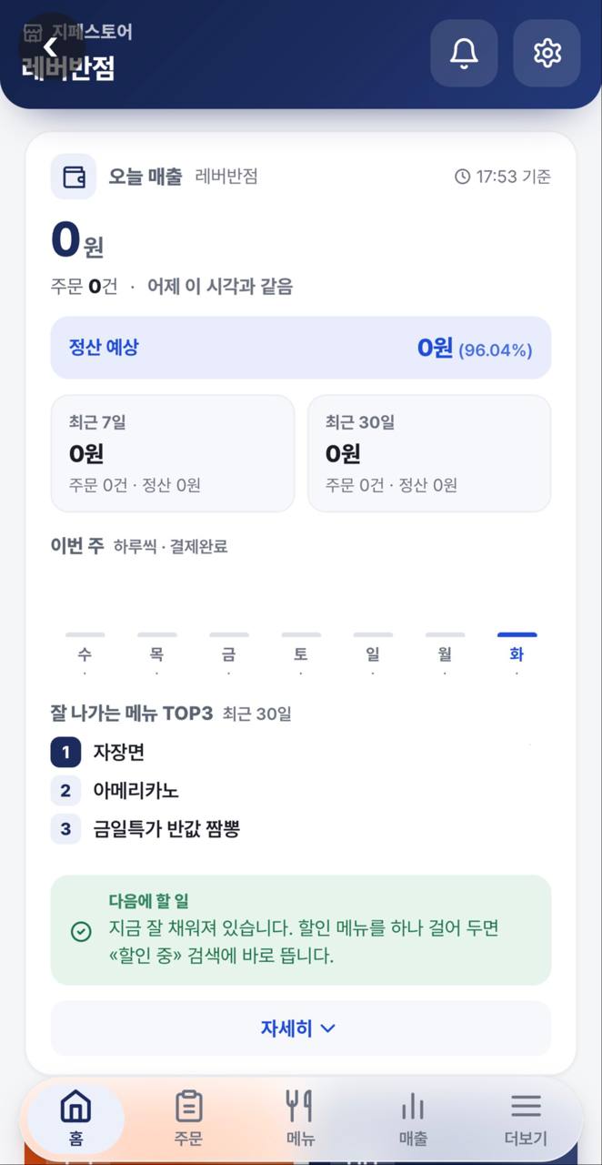 가맹점앱 홈 — 오늘 매출 · 정산 예상 · 인기 메뉴 TOP3