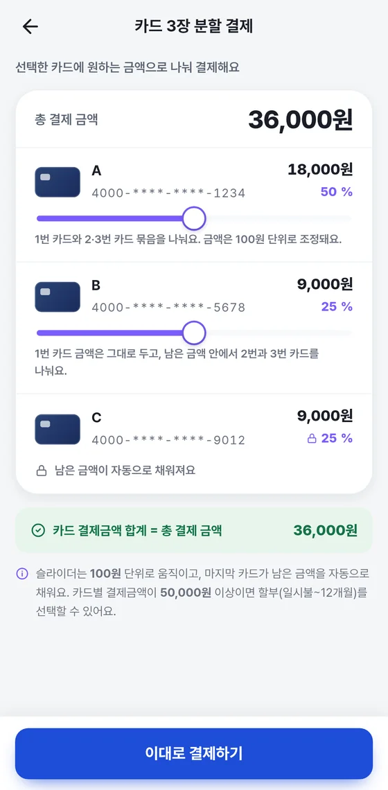 카드 3장 분할 결제 화면. 총 결제 금액 아래에 카드 세 장의 금액과 비율, 카드 두 장 아래의 슬라이더, 마지막 카드의 자물쇠 표시, 합계 확인 줄, 맨 아래 이대로 결제하기 버튼이 보인다.